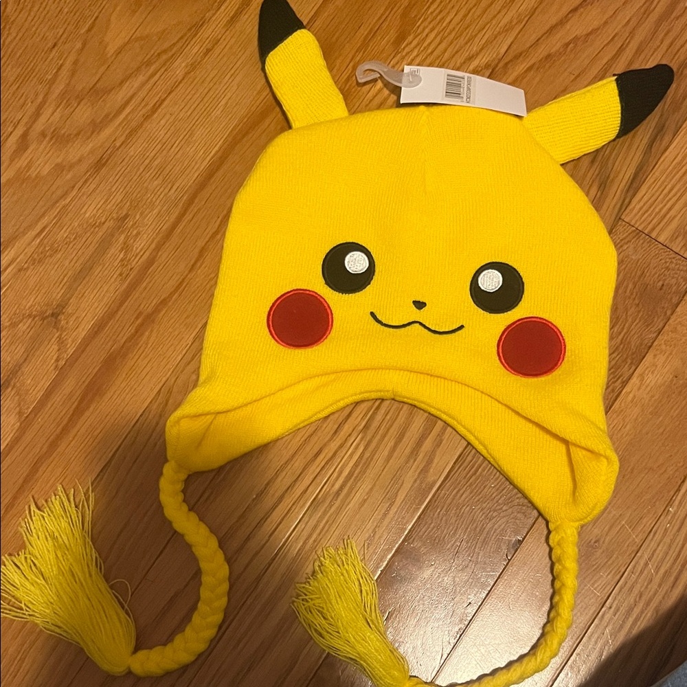 NWT Yellow Pokemon Pikachu Knit Hat with ears and braided tassels OS